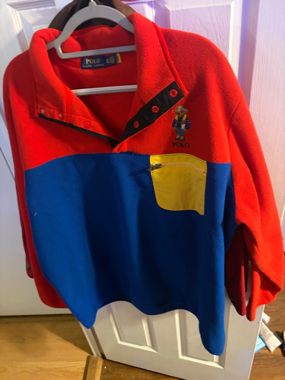 Polo by Ralph Lauren Red & Blue Fleece Pullover with Yellow Pocket